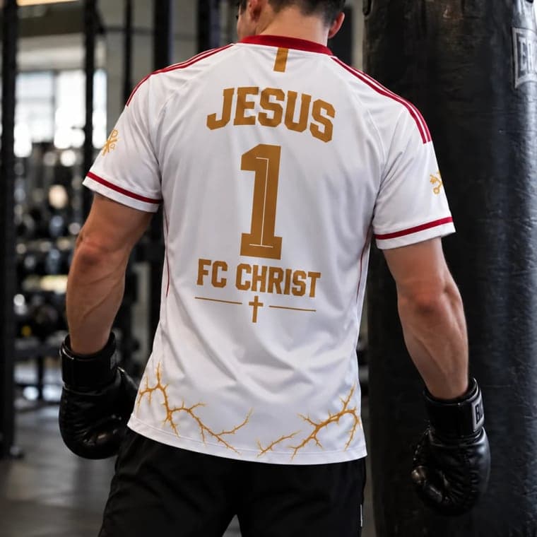 Le maillot porté de dos dans une salle de boxe, floqué « Jesus 1 — FC Christ », couronne d’épines dorée sur le bas.